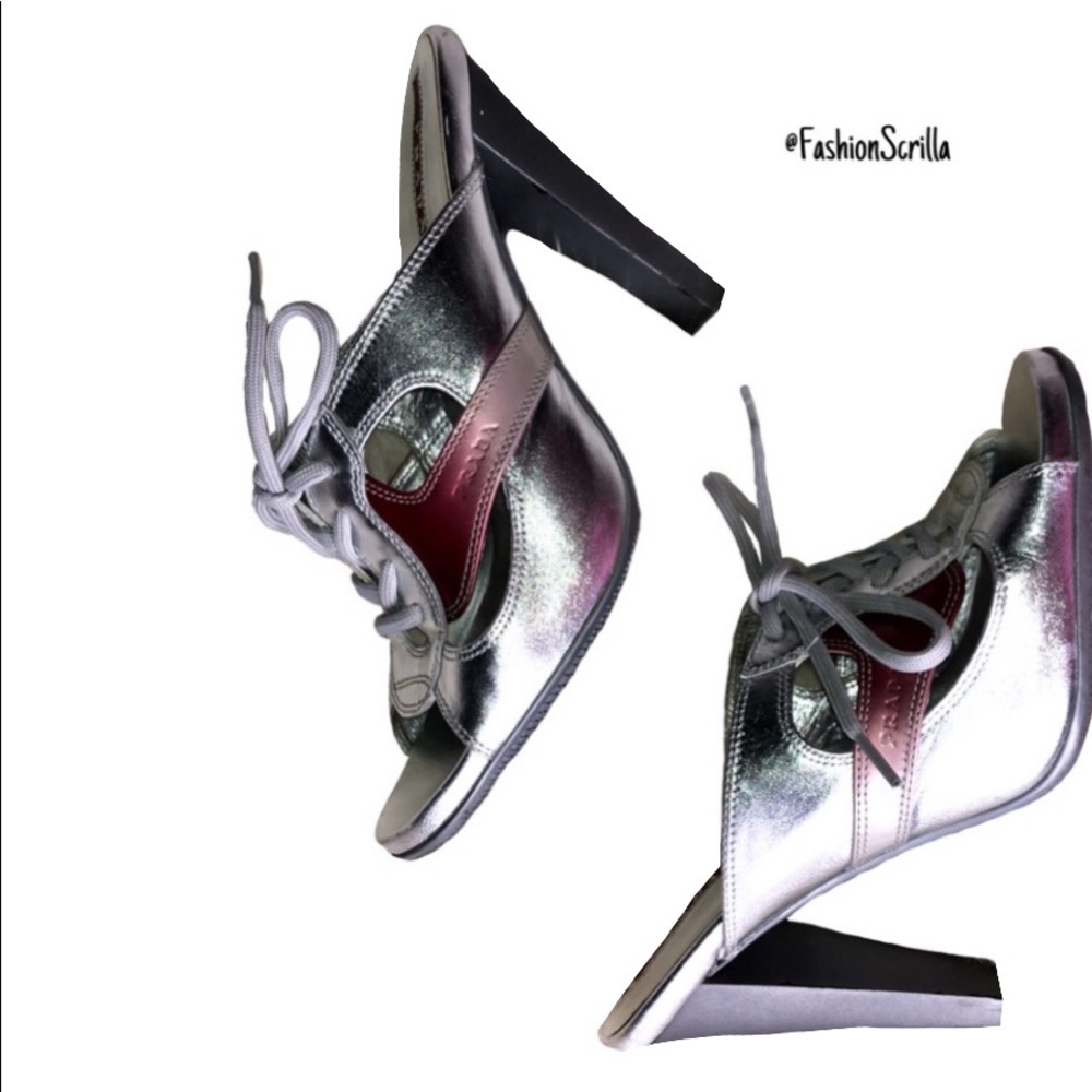 PRADA Vintage Sport Metallic Silver - Berry Red Y2K Sneaker Heels